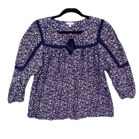 Lucky Brand Blue Ditsy Floral Peasant Keyhole 3/4 Puff Sleeve Blouse Sz M - Picture 1 of 10